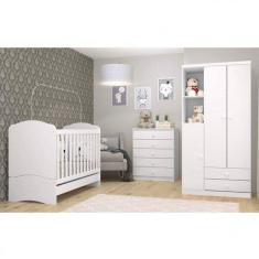 Quarto de Bebê com Guarda Roupa 3 Portas Cômoda e Berço 3 em 1 Lápis de Cor Espresso Móveis Branco/Rosa