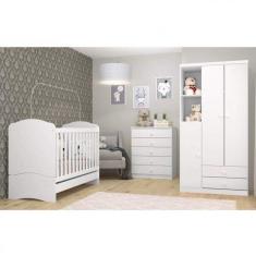 Quarto de Bebê com Guarda Roupa 3 Portas Cômoda e Berço 3 em 1 Lápis de Cor Espresso Móveis Branco/Rosa