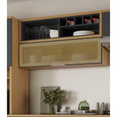 Armário Aéreo de Cozinha 120cm 1 Porta Horizonal Vidro Reflecta e Nicho Garrafeiro New Porto Mdf Freijó/Grafite