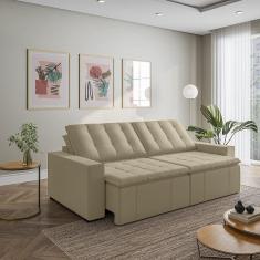 Sofá Cama Retrátil e Reclinável 4 Lugares 280cm em Veludo com Molas e Braço Reto Palmeira Cabecasa M Bege