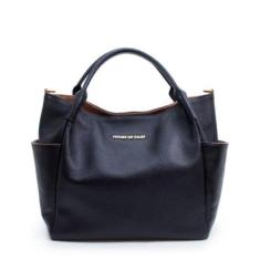 BOLSA FEMININA EM COURO ALÇA DE MÃO PRETA COM CARAMELO “LARA CASTRO”-Feminino