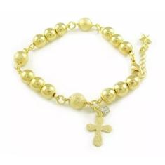 Pulseira Terço Religioso Bolas Dourado Folheado Ouro 18k