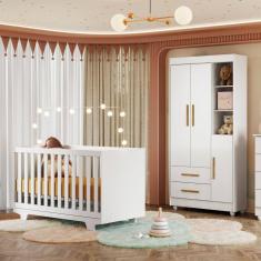 Quarto de Bebê Guarda Roupa 3 Portas e Berço Mini Cama 100% MDF Nina  Branco