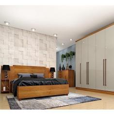 Quarto Casal Completo Guarda Roupa 6 Portas com Cômoda Cama e Cabeceira Tcil Móveis Cinamomo/off White