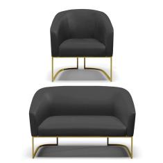 Sofá Namoradeira e Poltrona Base Industrial Dourado Stella Corino Preto D03 - D`Rossi