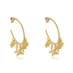 Brinco Argola Médio Com Pingente Marinho Folheado [F027]