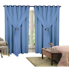 Cortina Corta Luz 2,00m X 2,50m 100% Blackout Com Voil Azul Para Sala 