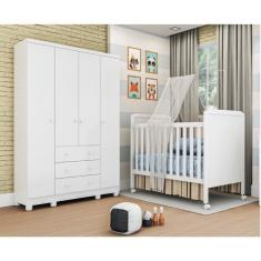Conjunto Para Quarto De Bebê Com Berço Mini Cama Cloe E Guarda Roupa 4 Portas Uli Móveis Peroba Branco