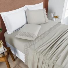 Lençol Casal King Size London Bordado Inglês 200 Fios 04 Pçs Caqui - J