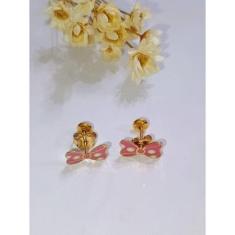 Brinco infantil semijoia lacinho rosa com poá banho ouro18k-Feminino