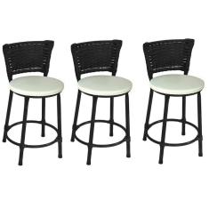Kit 3 Banquetas Baixas Preta com Encosto Junco Preto Assento Branco