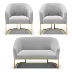 Namoradeira E 2 Poltronas Base Industrial Dourado Stella Suede Cinza D03 - D`rossi