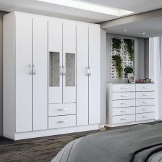 Guarda-Roupa Casal Marromanie 6 Portas 2 Gavetas e Espelho com Cômoda 10 Gavetas Branco - Panorama Móveis