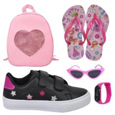 Tênis Infantil Feminino Estrela Detalhe Bordado Estiloso +Chinelo+Ócul