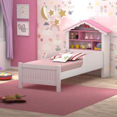 Cama Quarto Solteiro Casa Princesa c/ Estante - VITAMOV, Branco/Rosa