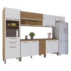 Armário de Cozinha Completa Com Balcão Ametista Kit’s Paraná Nicho Para Micro-Ondas 12 Portas 5 Gavetas Vidro Reflecta Ripado Madeirado/Branco