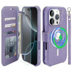 VANAVAGY Capa carteira compatível com iPhone 16 Pro para carregamento sem fio Magsafe, pulseira flip de couro [protetores de tela de vidro e protetores de lente da câmera] com suporte de cartão de