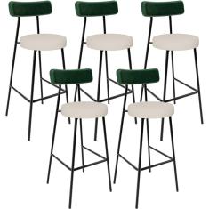 Kit 05 Banquetas Alta Bar Cozinha Sala De Jantar Milão L02 Facto Verde Musgo Linho Cru - Lyam Decor