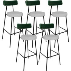Kit 05 Banquetas Alta Cozinha Bar Sala De Jantar Milão L02 Facto Verde Musgo Linho Cinza - Lyam Decor