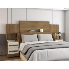 Cabeceira Casal Extensível com 2 Mesas de Cabeceira 4 Gavetas 2 Tomadas Síria Cinamomo/Off White