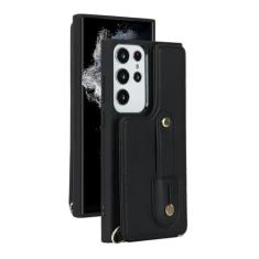 Capa de couro com alça de mão crossbody para Samsung Galaxy S23 S22 Ultra A54 A14 A34 A53 5G cordão porta cartão, preto, para Galaxy S23 Ultra