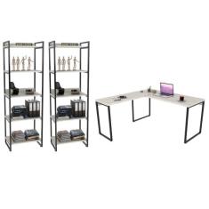 Conjunto Escritório Estilo Industrial Mesa 150x150cm e 2 Estantes 60cm