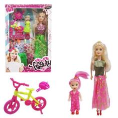 Boneca Troca Roupa Vestido Mae E Filha Com Bicicleta 7 Peças - Altimix
