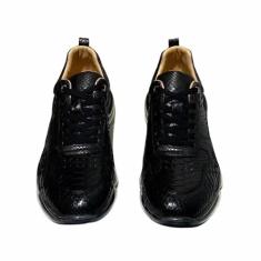 Tênis masculino autêntico de couro verdadeiro, clássico, liso, preto, casual, serpentina, couro exótico, com cadarço, Preto, 41