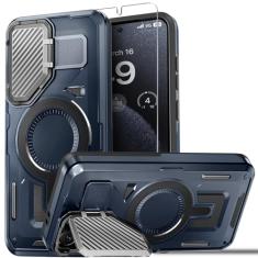 BPOASE Capa magnética para Samsung Galaxy S24 FE Capa de câmera de metal integrada com suporte, [compatível com Magsafe] Capa protetora resistente à prova de choque de grau militar com protetor de