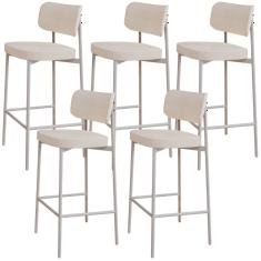 Kit 05 Banquetas Alta Bar Cozinha Sala De Jantar Aço Branco Kaira C01 Linho Palha - Lyam Decor