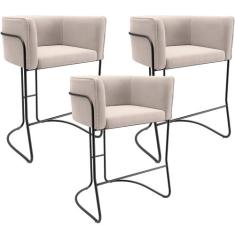 Kit 03 Banquetas Baixa Base de Aço Preto Betina D02 Suede Bege C-309 -