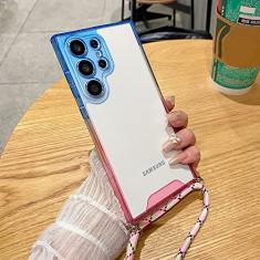 para Samsung Galaxy S23 Ultra Luxury Gradient Lanyard Phone Case para Samsung S22 Plus Crossbody Transparente Shockproof Back Cover, BluePink, For Samsung S22Ultra