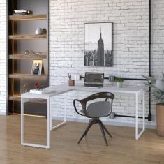 Mesa de Escritório em L Estilo Industrial 150x150cm Kuadra Branco Chess/Est.Branca