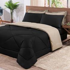 Kit Edredom + Jogo De Lençol Aconchego Look House Dupla Face Casal Queen 06 Peças - Preto- Caqui