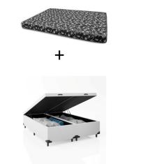 Cama Box Baú Queen Bipartido Bello Box - Tecido Sintético Branco com Colchão New York Preto D28 - 100% Espuma - 54x158x198