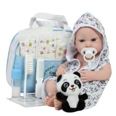Bebê Reborn Boneco Luca Com Saída de Banho Panda Bolsa Itens - Cegonha