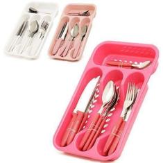 Conjunto de talheres / faqueiro de inox com 24 pecas + gaveteiro color