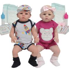 Boneca Reborn Gêmeos 100% Vinil Conjunto Ursinho Aviãozinho - Cegonha 
