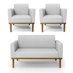 Sofá Namoradeira Com 2 Poltronas Base De Madeira Fixa Castanho Marisa Linho D03 - D'Rossi A05 Cinza