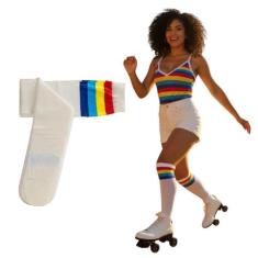 Meia Ate Joelho Branca com Listras Coloridas Adulto Fantasia - Lynx Pr