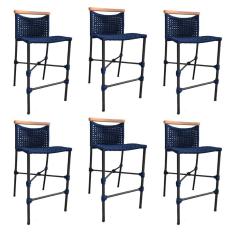Kit 6 Banquetas Anne em Corda Náutica Base em Alumínio Preta com Detalhe em Madeira Azul Marinho