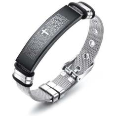 Pulseira Masculina Bracelete Malha de Aço Oração Pai Nosso