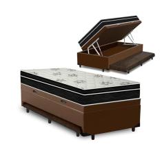 Cama Box Baú e Auxiliar Solteiro Marrom + Colchão Molas - Ortobom - Physical Nanolastic 88x188x65cm