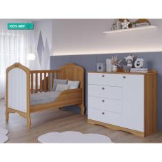 Quarto de Bebê com Berço Mini Cama Harmonia e Cômoda 1 Porta 4 Gavetas Encanto Permobili Nature/Branco