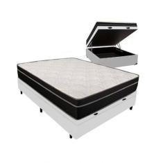 Cama Box Baú Casal 138 Tecido Branco Com Colchão Paris Molas Preto 56x138x188