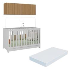 Berço 3 em 1 com Colchão e Armário Aéreo 4 portas Multimóveis Mp4158 Branco/rustic