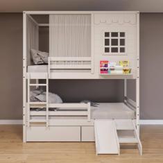 Beliche Casinha Reta com 02 Gavetas Grade Removível Escorregador e Cortina Madeira Maciça Branco Housin