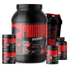 Kit Whey Protein Fusion + BCAA + Creatina + Glutamina + Pré Treino Limão + Shaker-Unissex