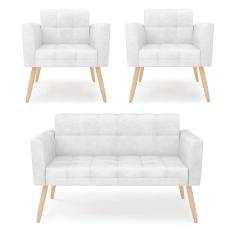 Kit 1 Sofá Namoradeira e 2 Poltronas Elisa Corano Pés Palito Natural - D`Rossi