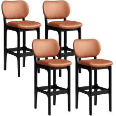 Kit 04 Banquetas Alta Para Cozinha Madeira Fixa Betta L02 Preto Couríssimo Camel